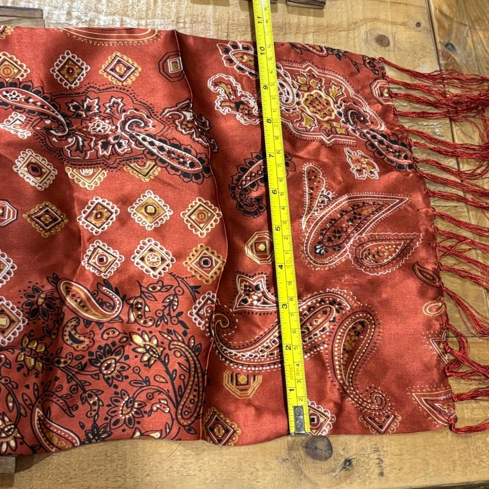 100% Silk‎ Scarf Rust Paisley Fringe Burnout Lightweight Accessory